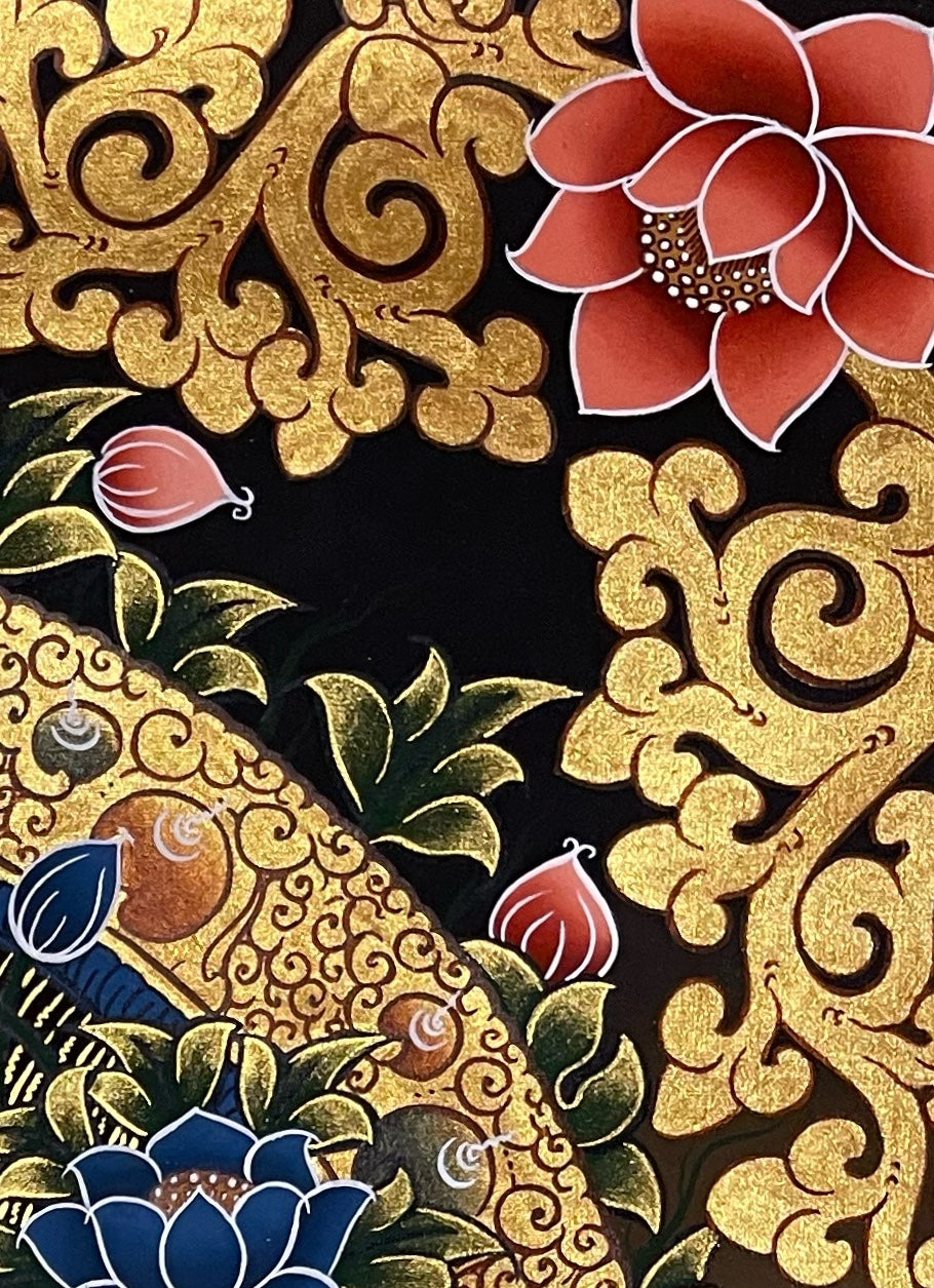 Green Tara thangka, detail: top-right corner