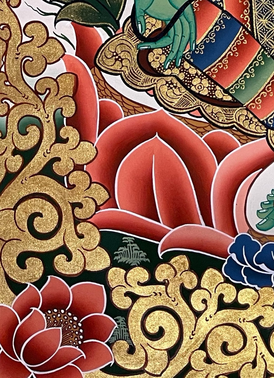 Green Tara thangka, detail: bottom-left corner