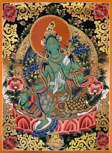 Green Tara thangka, 51×67 cm: Green Tara on a coral-red lotus among blue lotuses and peonies, framed by an orange-red halo