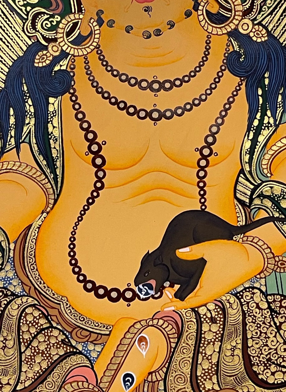 Jambhala thangka, 51×67 cm: yellow Jambhala with a jewel-spitting mongoose, among red peonies and gold-coloured scrollwork on black