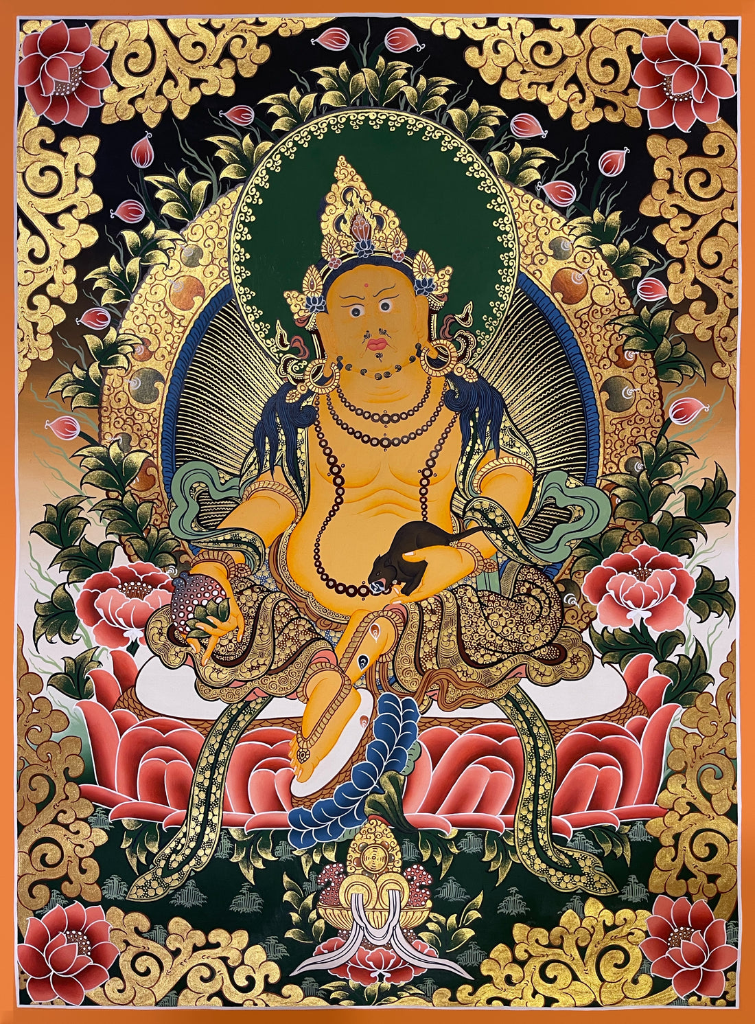 Jambhala thangka, 51×67 cm: yellow Jambhala with a jewel-spitting mongoose, among red peonies and gold-coloured scrollwork on black