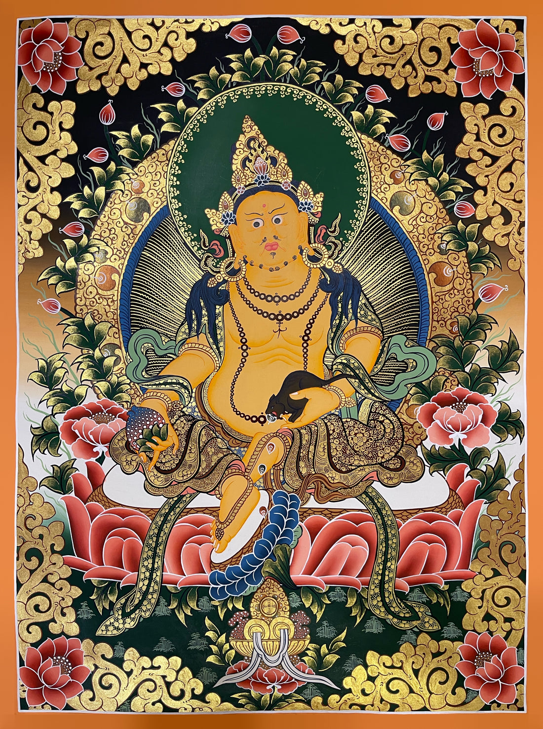 Jambhala thangka, 51×67 cm: Yellow Jambhala on a coral lotus holding a mongoose and a citron, framed by gold-coloured scrollwork and red lotuses
