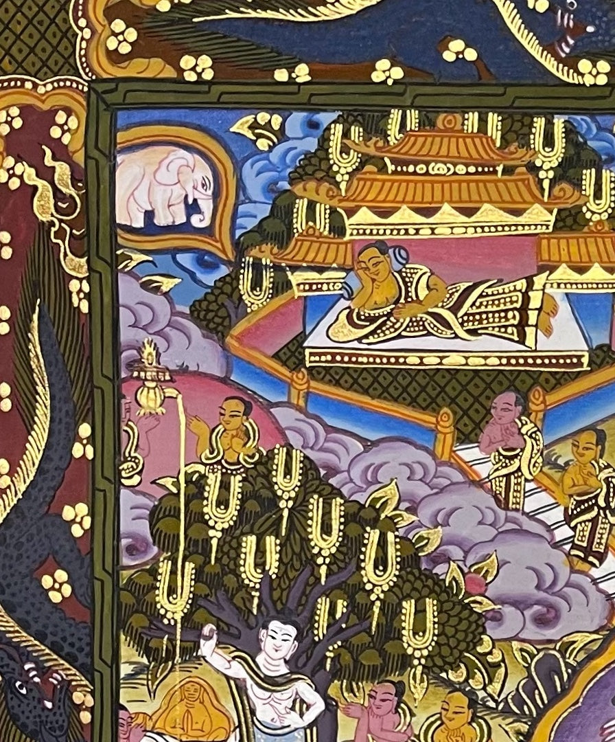 Buddha Life Story thangka, detail: top-left corner