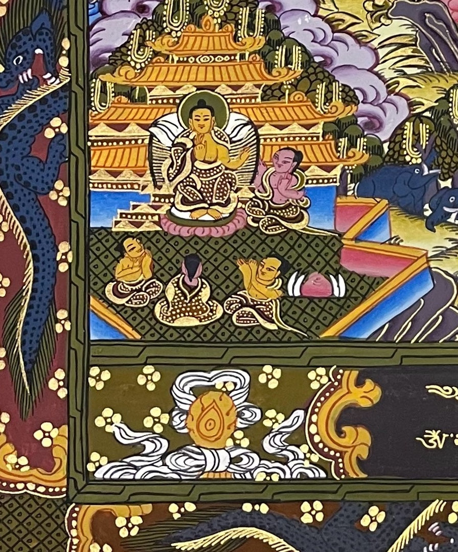 Buddha Life Story thangka, detail: bottom-left corner