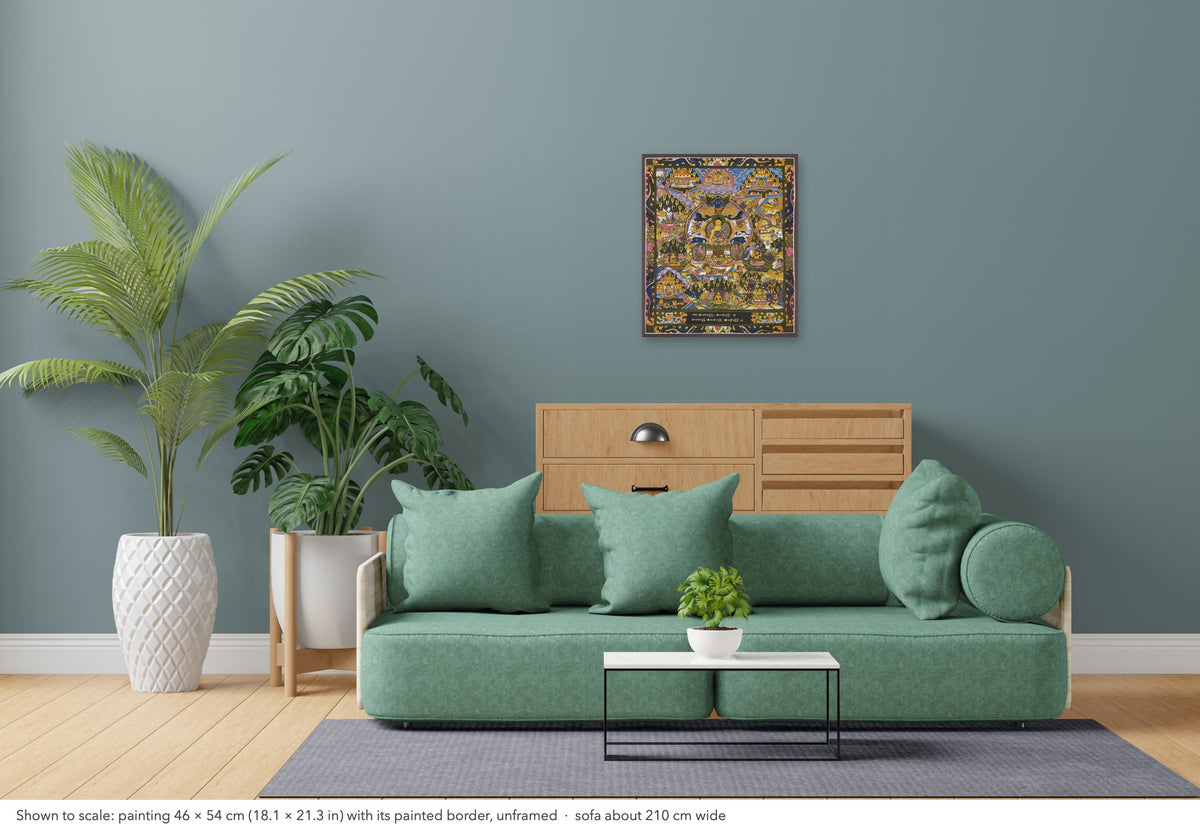 Buddha Life Story thangka shown to scale in a living room, unframed, above a sofa about 210 cm wide (46×54 cm)
