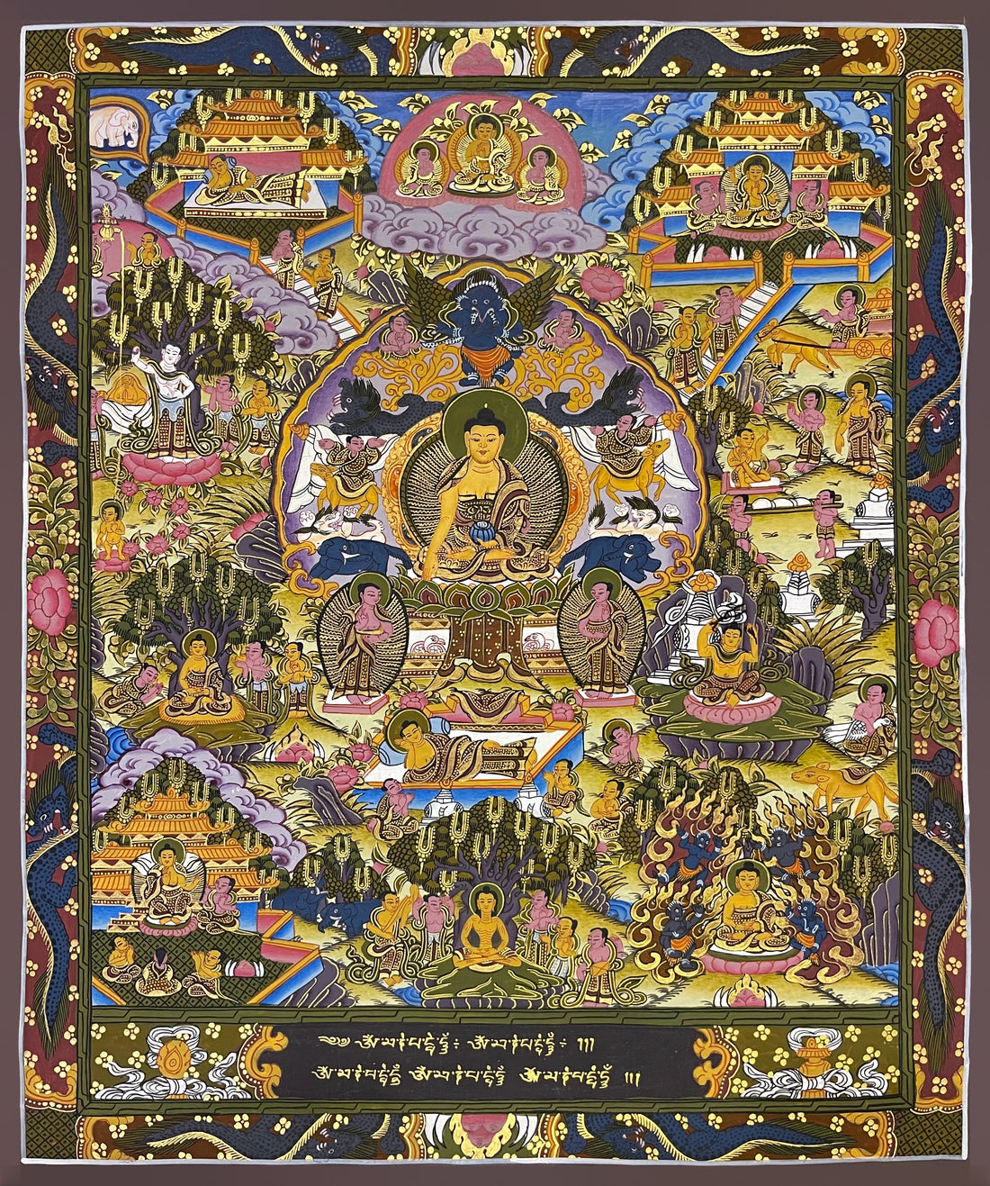 Buddha Life Story thangka, 46×54 cm: Shakyamuni at the centre surrounded by scenes of his life