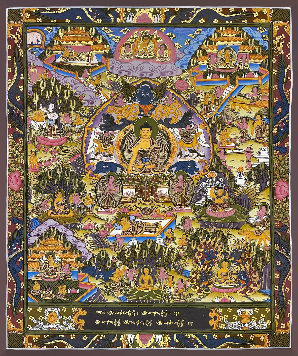 Buddha Life Story thangka, 46×54 cm: Shakyamuni at the centre surrounded by scenes of his life