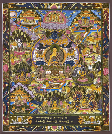 Buddha Life Story thangka, 46×54 cm: Shakyamuni at the centre surrounded by scenes of his life
