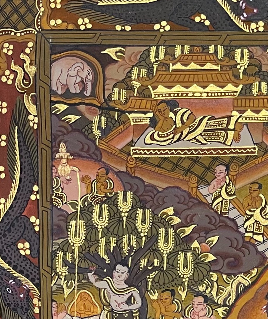 Buddha Life Story thangka, detail: top-left corner
