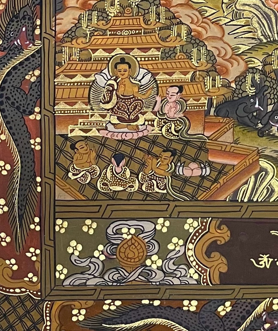 Buddha Life Story thangka, detail: bottom-left corner