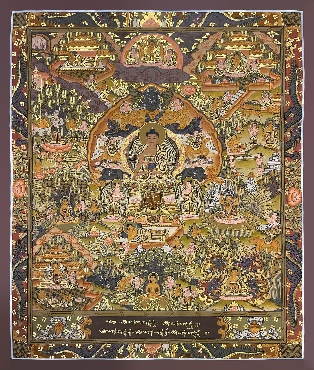 Buddha Life Story thangka, 45×53 cm: Shakyamuni at the centre surrounded by scenes of his life, in olive and brown tones