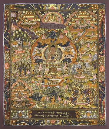 Buddha Life Story thangka, 45×53 cm: Shakyamuni at the centre surrounded by scenes of his life, in olive and brown tones