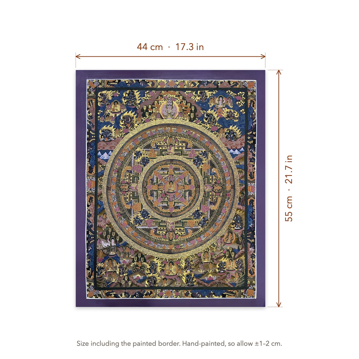 Size diagram: 44 × 55 cm (17.3 × 21.7 in), including the painted border