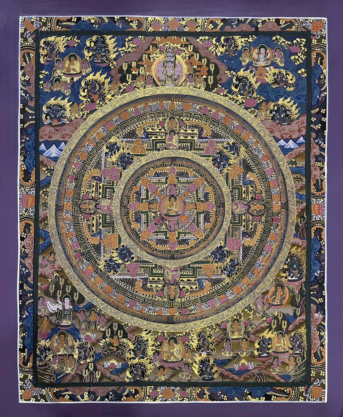 Buddha Mandala thangka, 44×55 cm: a Buddha mandala with thousand-armed Chenrezig above and Buddhas and deities around it