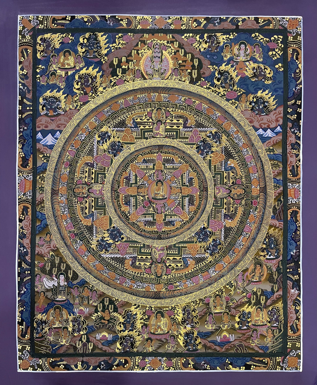 Buddha Mandala thangka, 44×55 cm: a Buddha mandala with thousand-armed Chenrezig above and Buddhas and deities around it