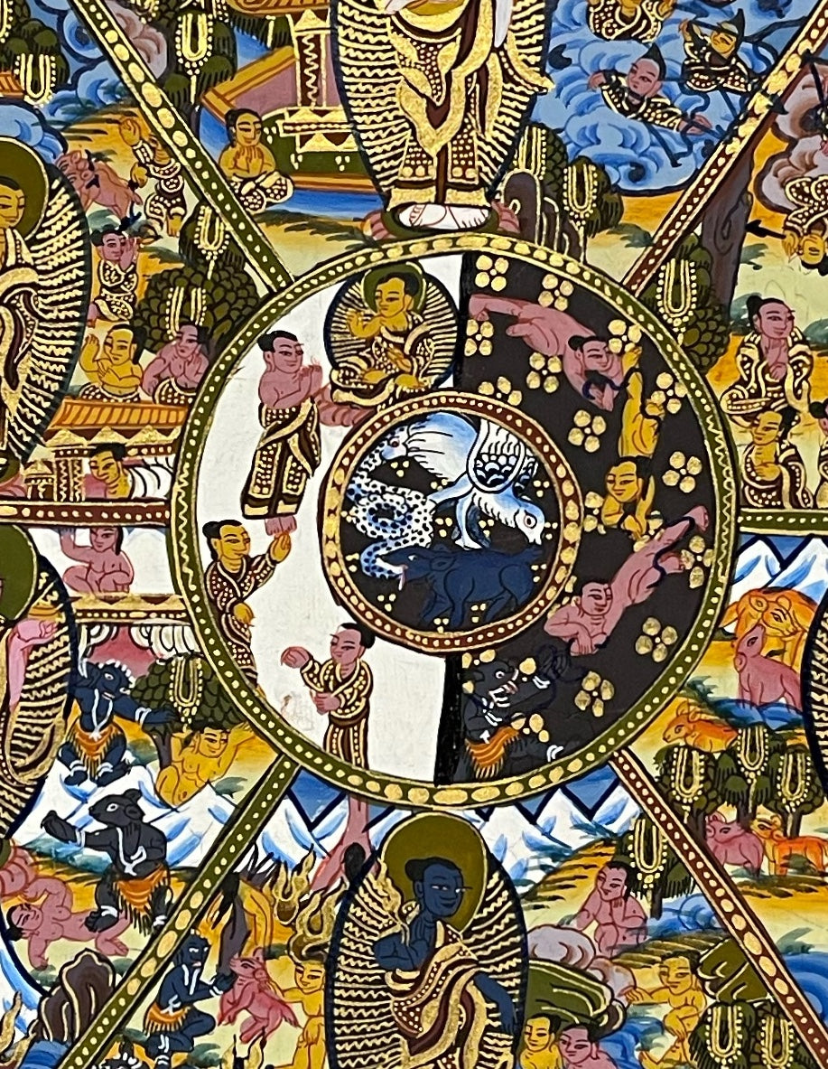 Wheel of Life thangka, 44×55 cm: dark brown Yama holding the Wheel of Life with a Buddha in each realm, inside a border of dragons