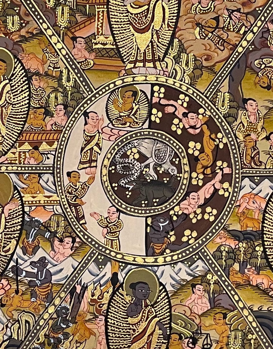 Wheel of Life thangka, 44×56 cm: brown Yama holding the Wheel of Life in ochre and gold-coloured tones, with a Buddha in each realm