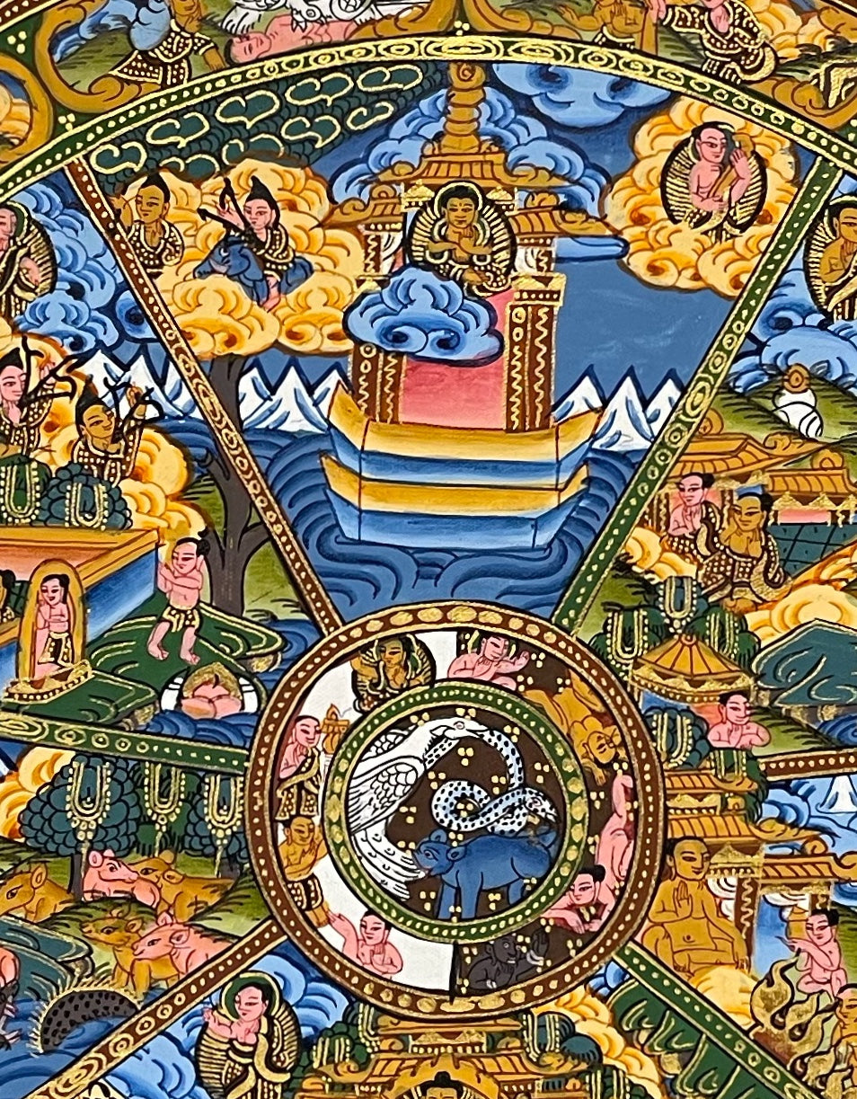 Wheel of Life thangka, 44×56 cm: dark blue Yama holding the wheel of the six realms, with a Buddha in each upper corner