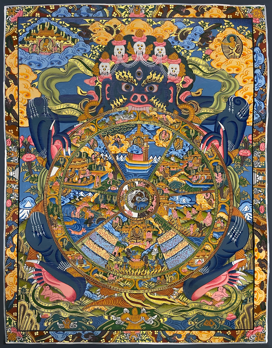 Wheel of Life thangka, 44×56 cm: dark blue Yama holding the wheel of the six realms, with a Buddha in each upper corner
