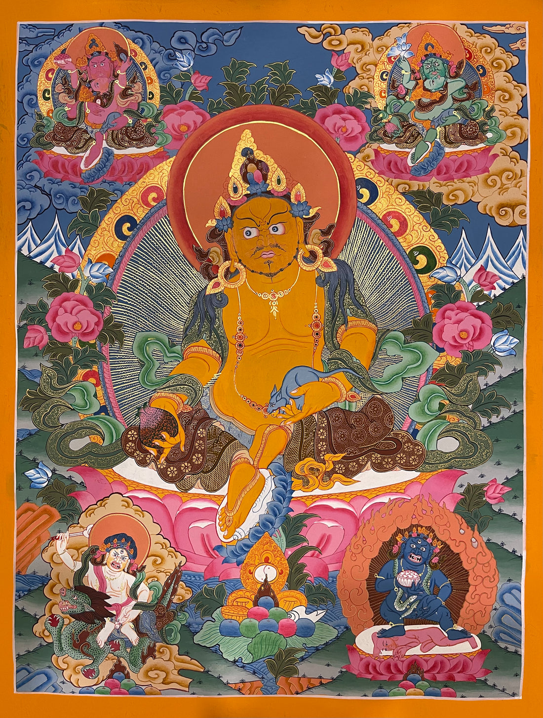 Jambhala thangka, 53×67 cm: Yellow Jambhala surrounded by the Red, Green, White and Black Jambhalas
