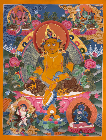 Jambhala thangka, 53×67 cm: Yellow Jambhala surrounded by the Red, Green, White and Black Jambhalas