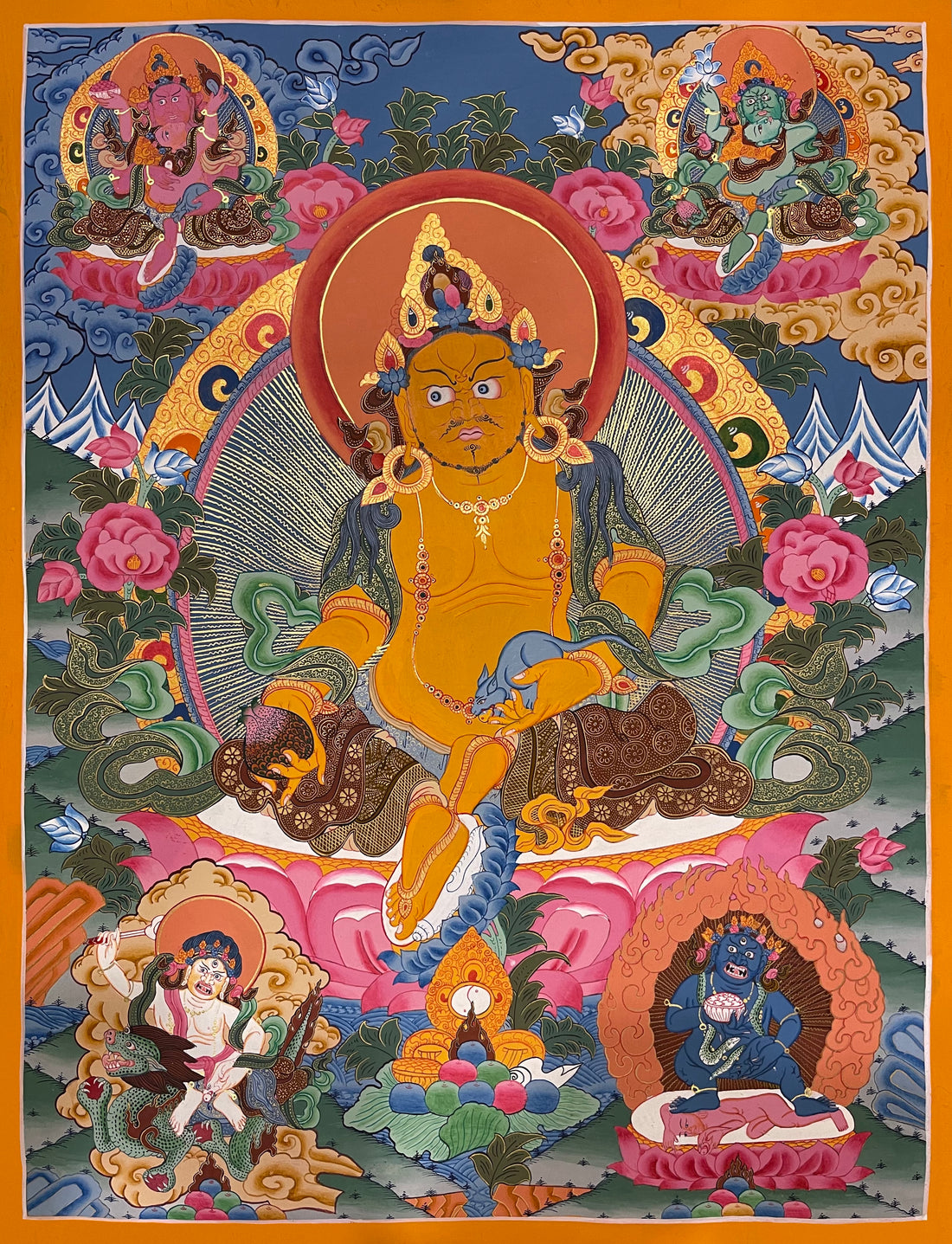Jambhala thangka, 53×67 cm: Yellow Jambhala surrounded by the Red, Green, White and Black Jambhalas