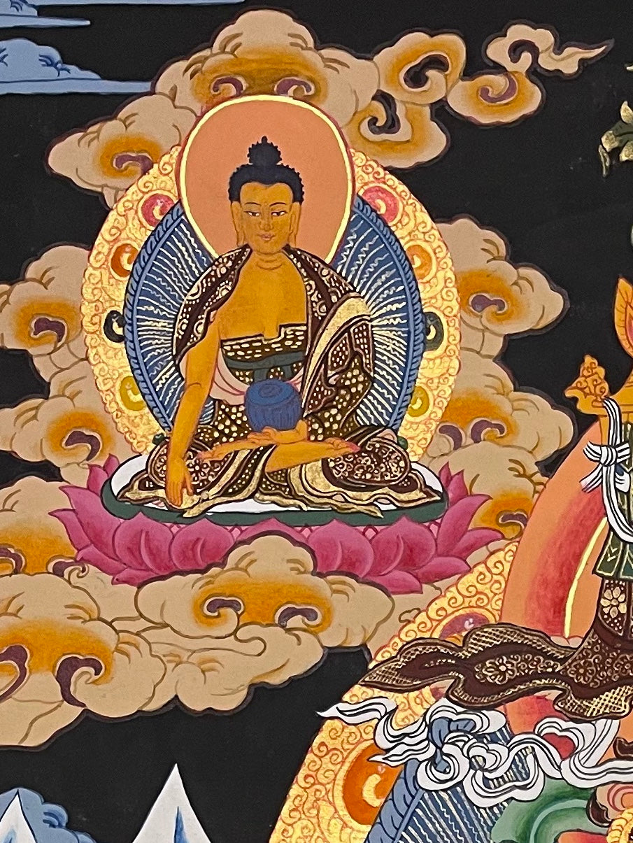 Vaishravana thangka, detail: top-left corner