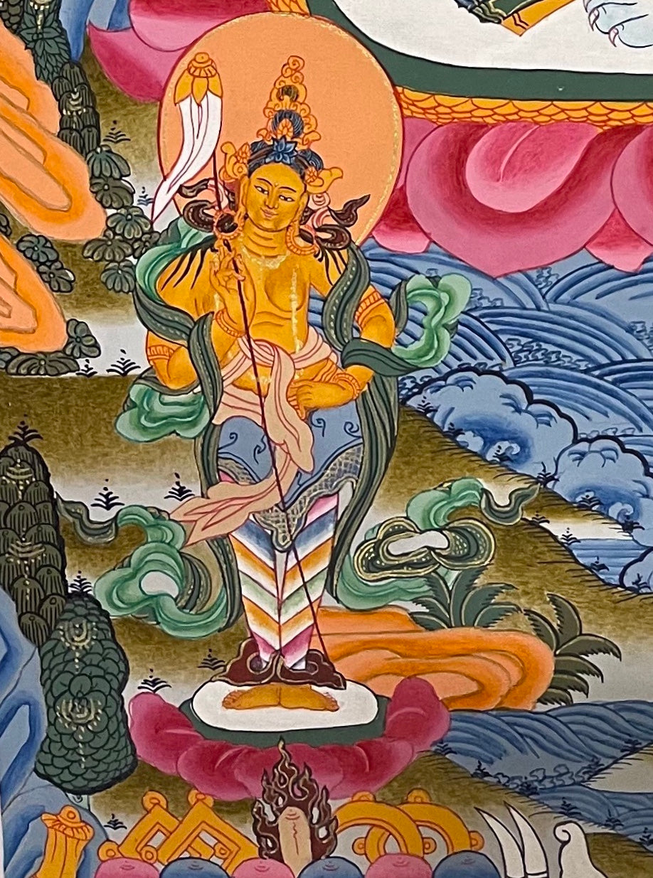 Vaishravana thangka, detail: bottom-left corner