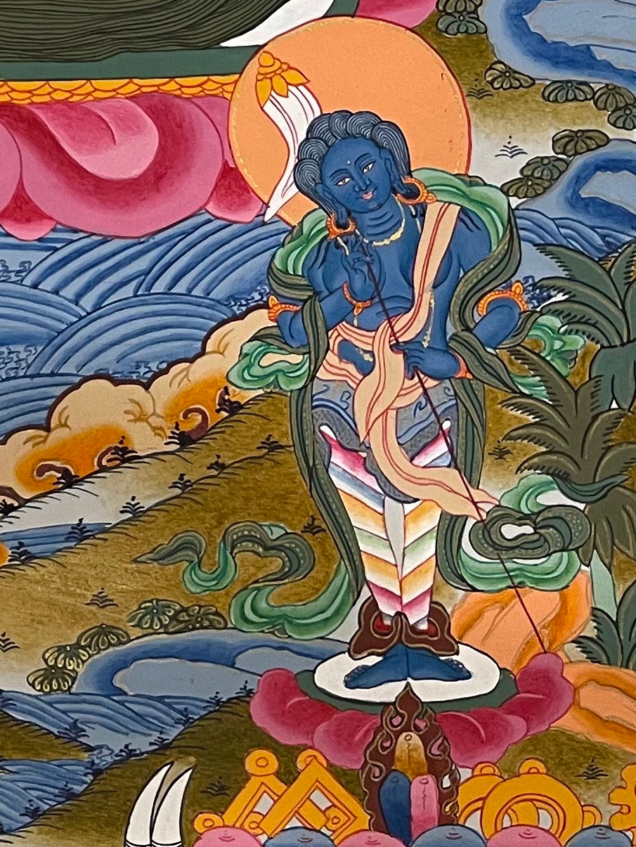 Vaishravana thangka, detail: bottom-right corner