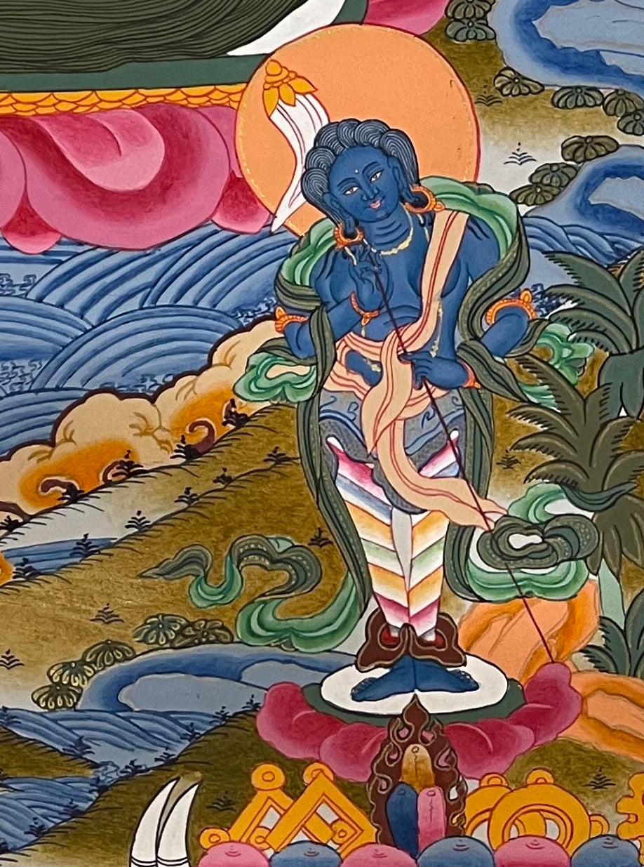 Vaishravana thangka, detail: bottom-right corner