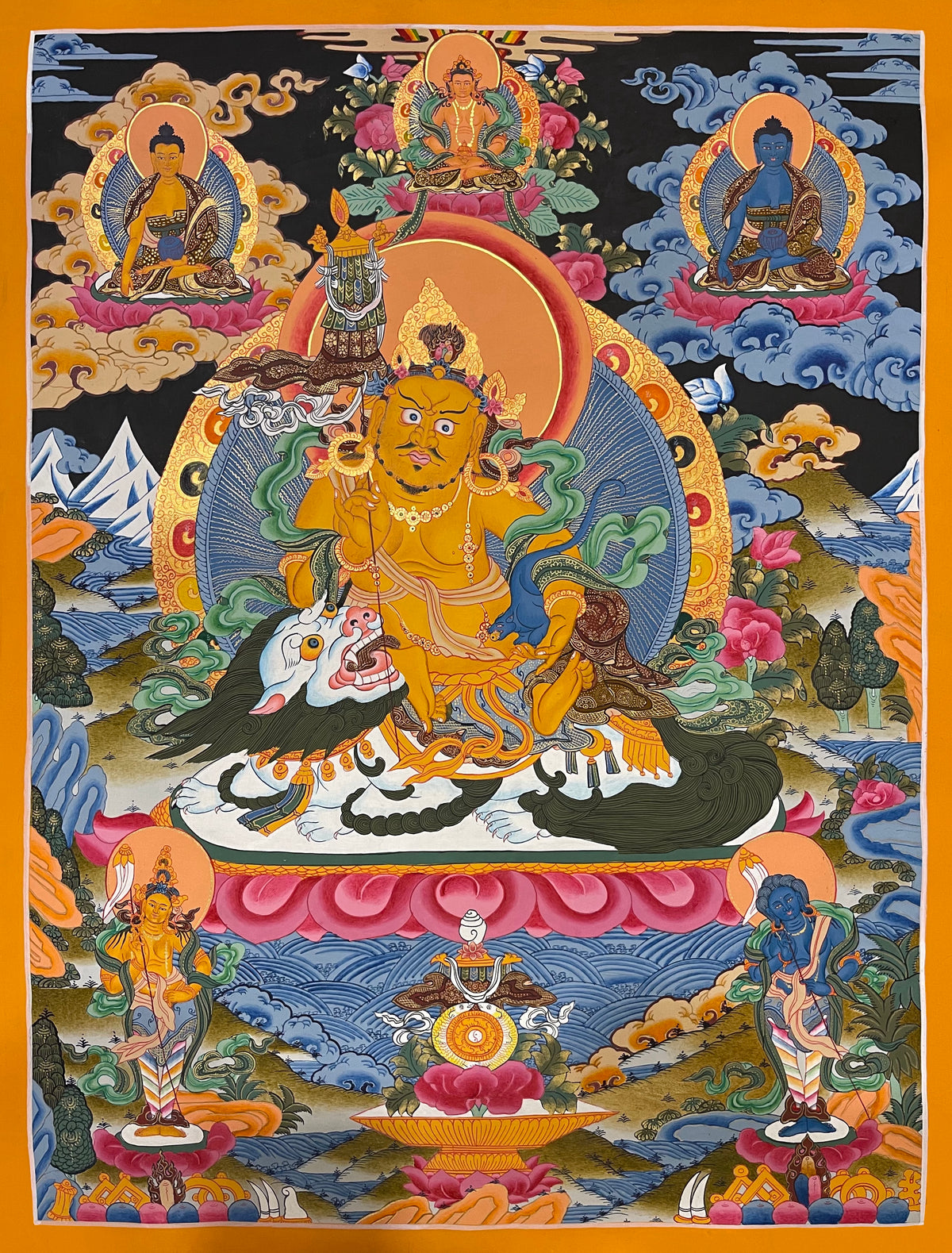 Vaishravana thangka, 53×67 cm: yellow Vaishravana riding a white snow lion, with three Buddhas above and two attendants below