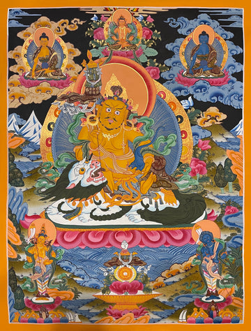 Vaishravana thangka, 53×67 cm: yellow Vaishravana riding a white snow lion, with three Buddhas above and two attendants below