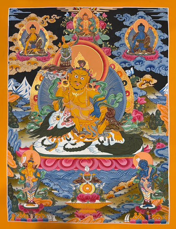 Vaishravana thangka, 53×67 cm: yellow Vaishravana riding a white snow lion, with three Buddhas above and two attendants below