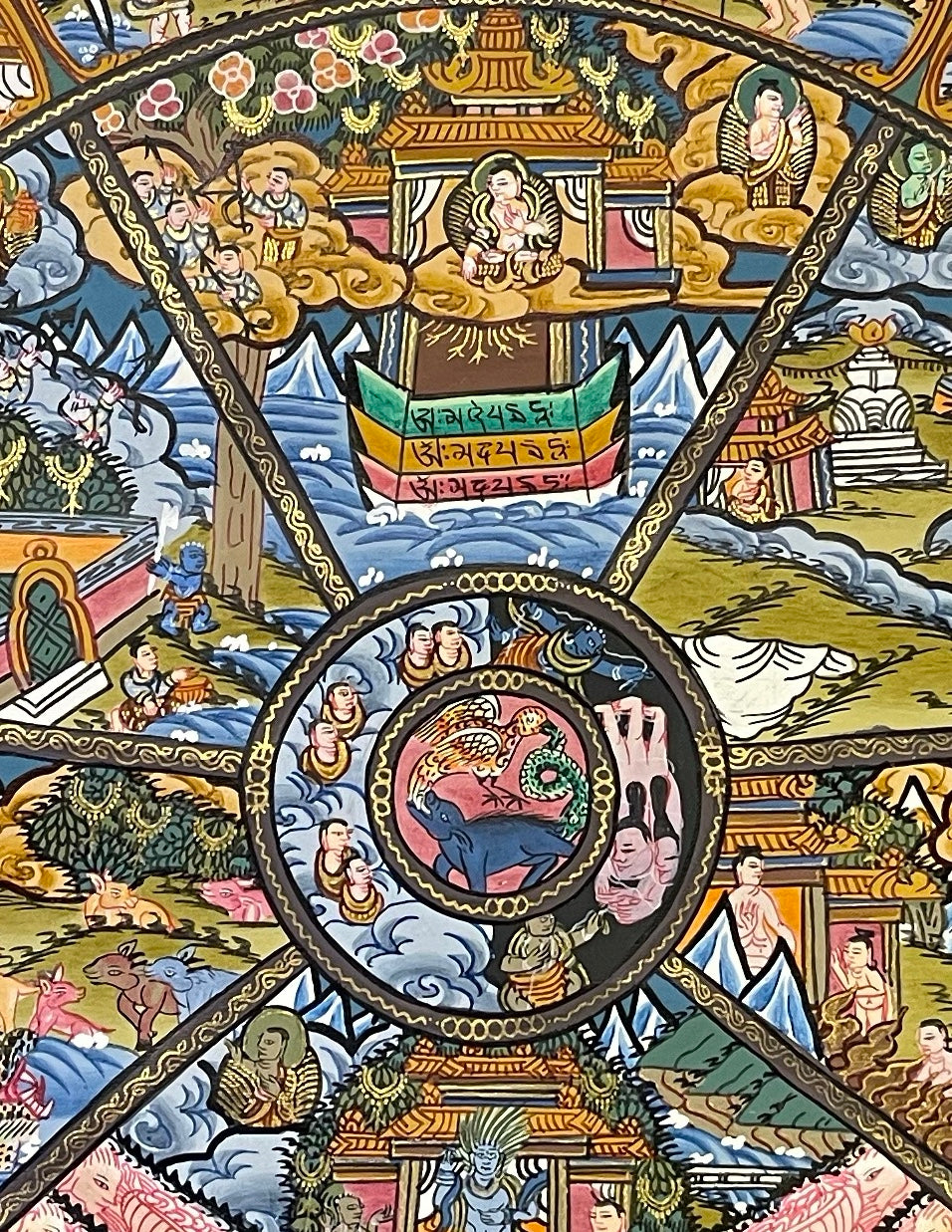 Wheel of Life thangka, 52×66 cm: blue Yama holding the Wheel of Life amid dragons and smoke