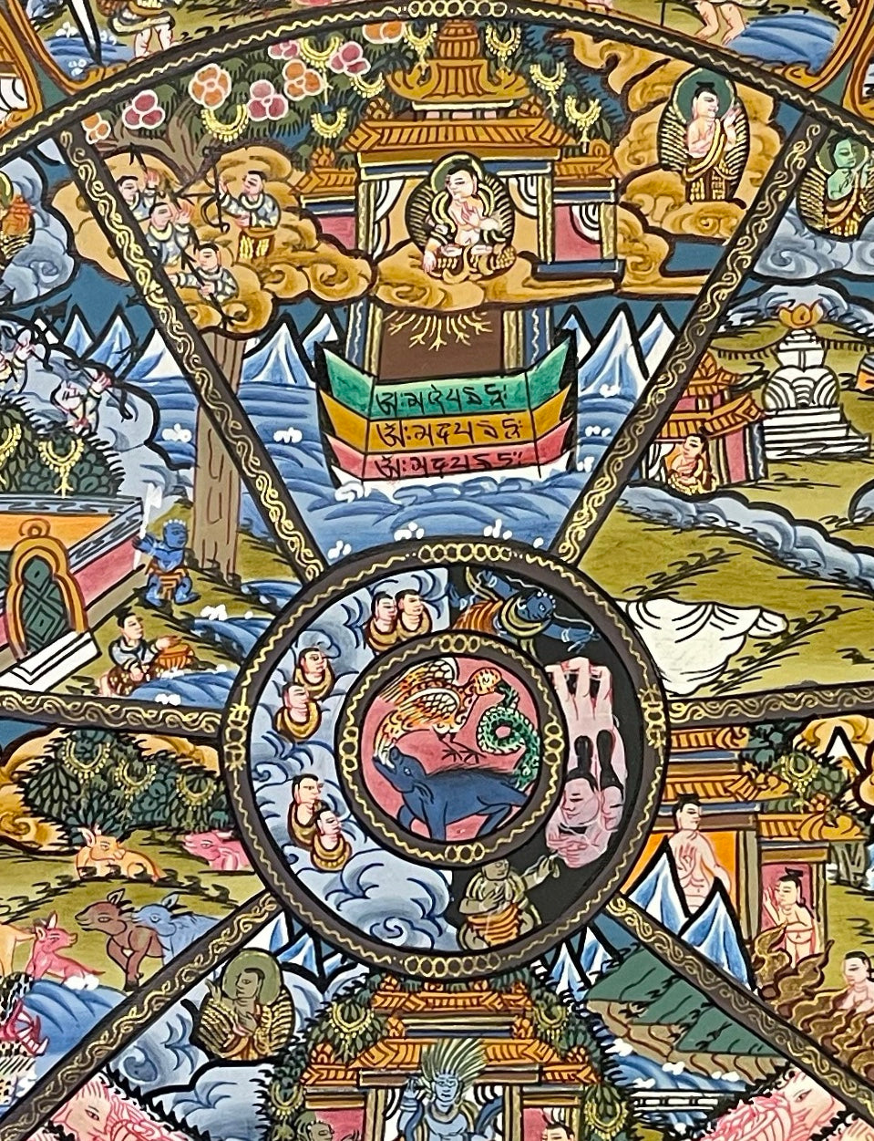 Wheel of Life thangka, 52×66 cm: blue Yama holding the Wheel of Life amid dragons and smoke