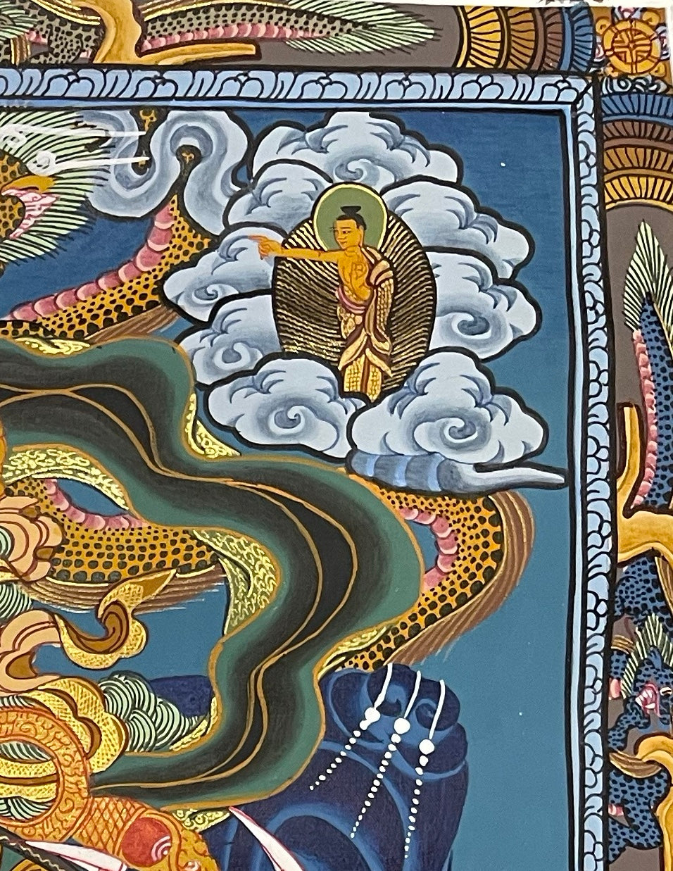 Wheel of Life thangka, detail: top-right corner