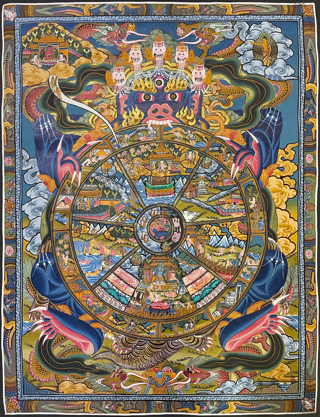 Wheel of Life thangka, 52×66 cm: blue Yama holding the Wheel of Life amid dragons and smoke
