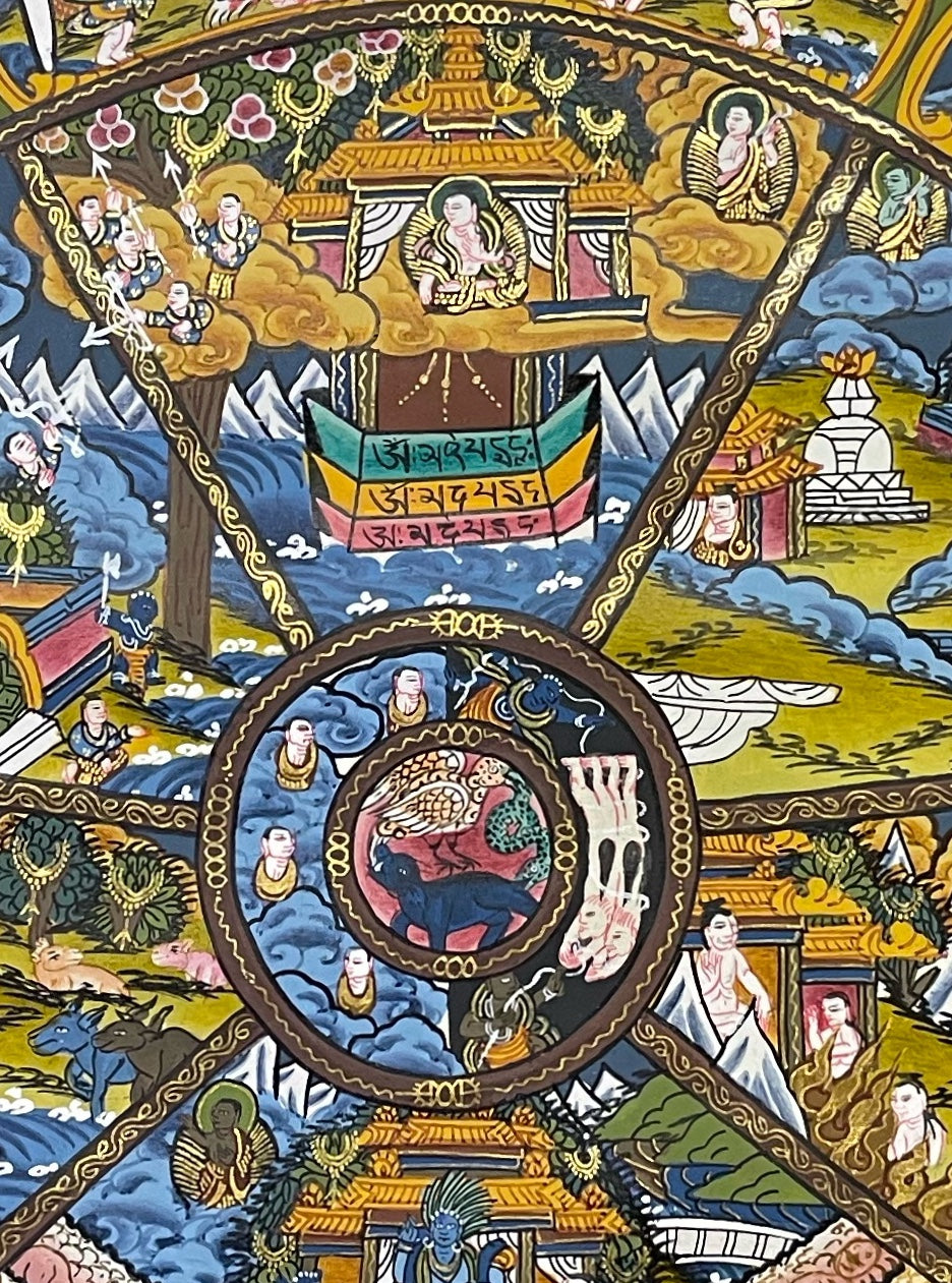Wheel of Life thangka, 52×66 cm: dark Yama holding the Wheel of Life, with Buddhas in the upper corners, under a dark blue sky