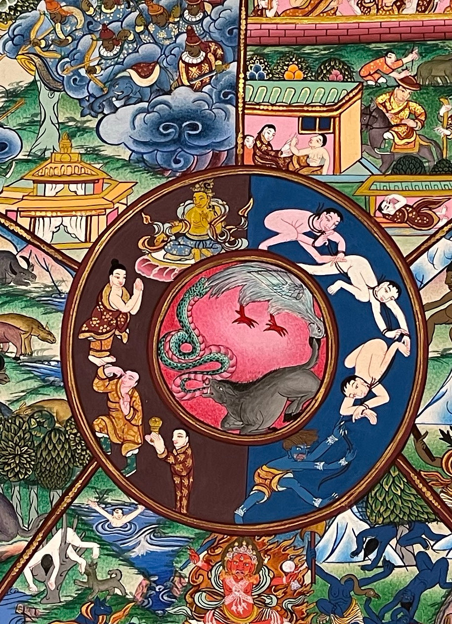 Wheel of Life thangka, 50×69 cm: Yama holding the Wheel of Life with the six realms and twelve links in pink roundels