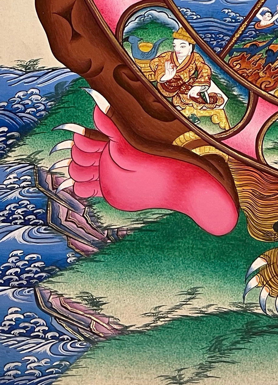 Wheel of Life thangka, detail: bottom-left corner