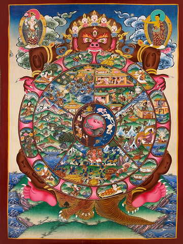 Wheel of Life thangka, 50×69 cm: Yama holding the Wheel of Life with the six realms and twelve links in pink roundels