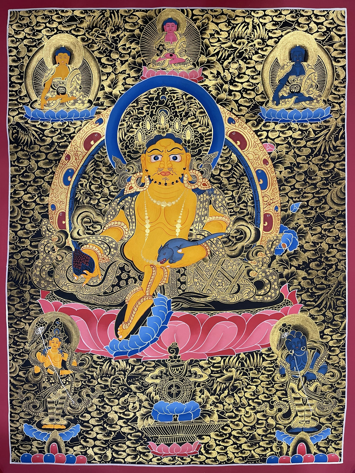 Jambhala thangka, 53×69 cm: Yellow Jambhala on a pink lotus among dense gold-coloured clouds, with three Buddhas above