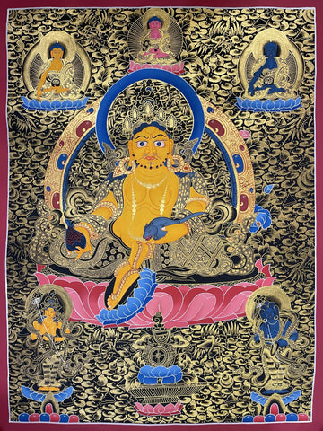 Jambhala thangka, 53×69 cm: Yellow Jambhala on a pink lotus among dense gold-coloured clouds, with three Buddhas above