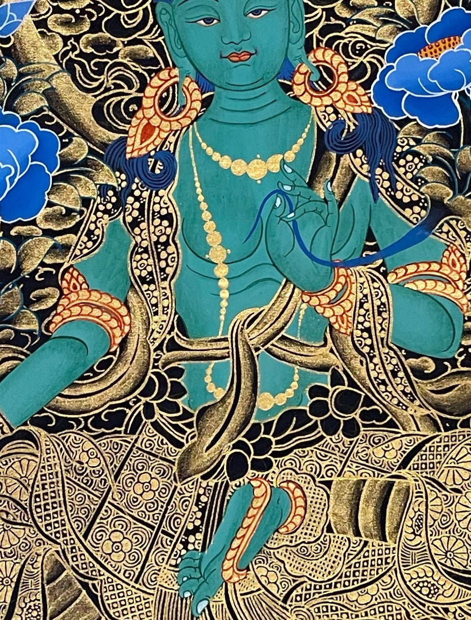 Green Tara thangka, detail: centre