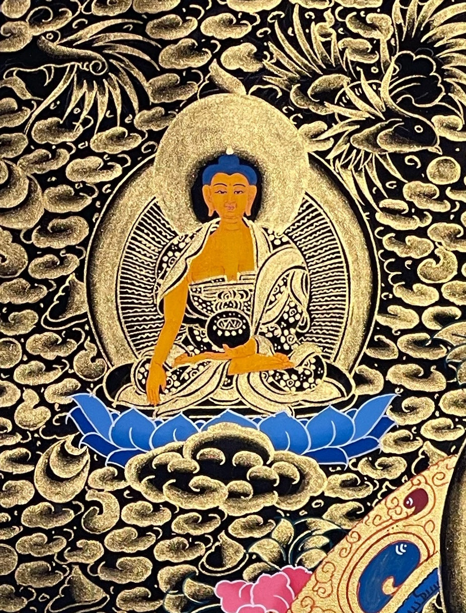 Green Tara thangka, detail: top-left corner
