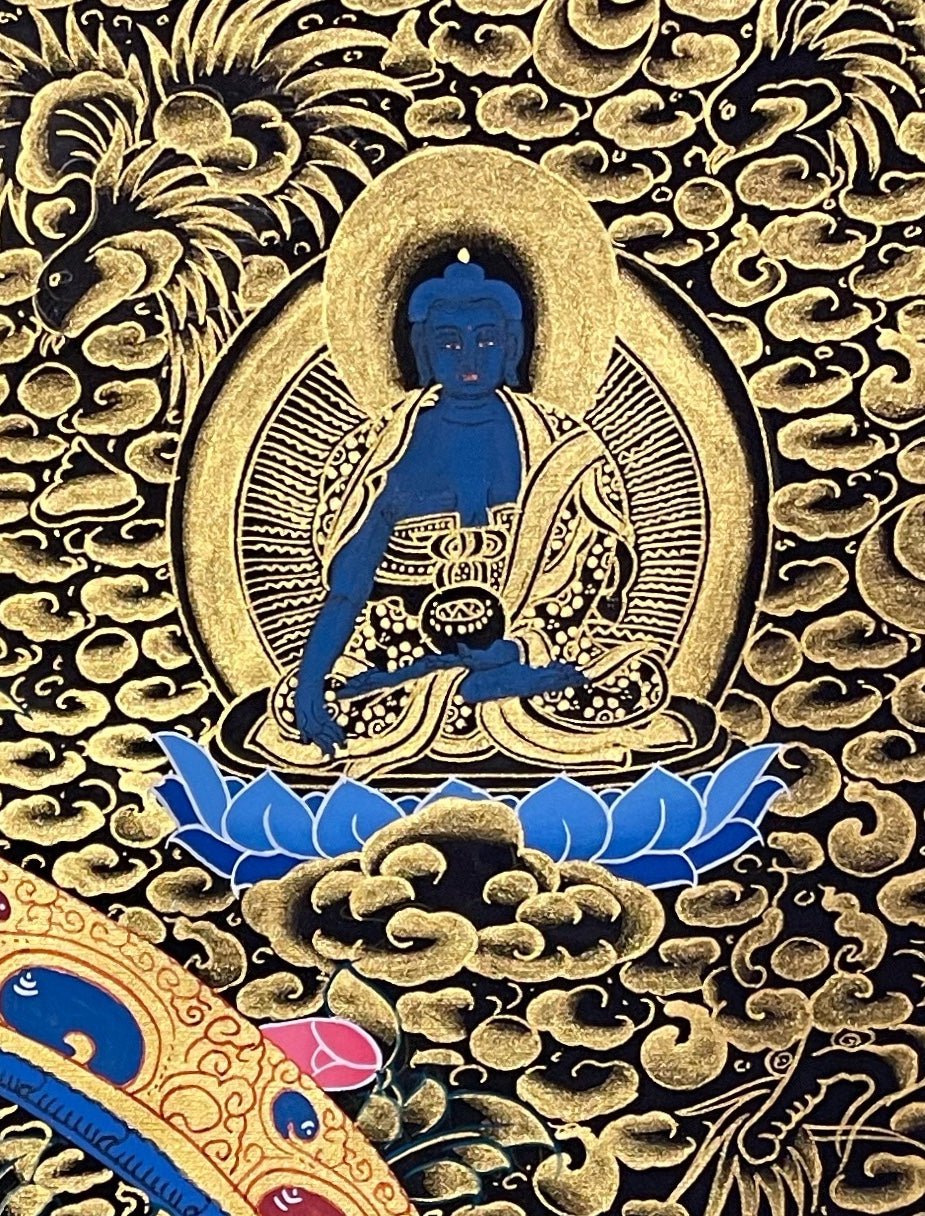 Green Tara thangka, detail: top-right corner