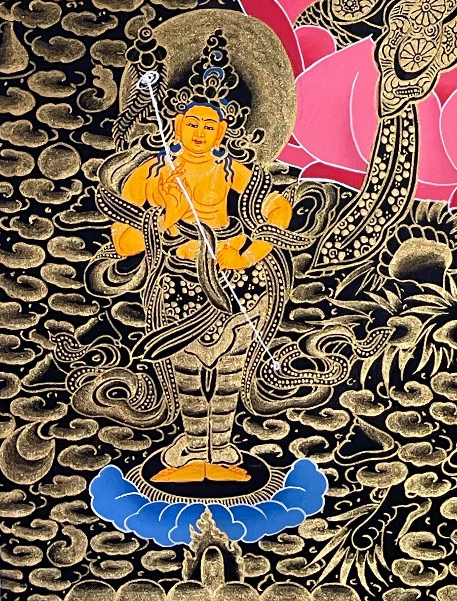 Green Tara thangka, detail: bottom-left corner