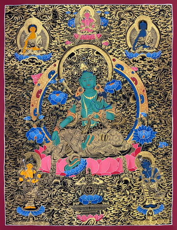 Green Tara thangka, 55×70 cm: Green Tara among blue peonies on black and gold-coloured clouds, with Amitayus and two Buddhas above