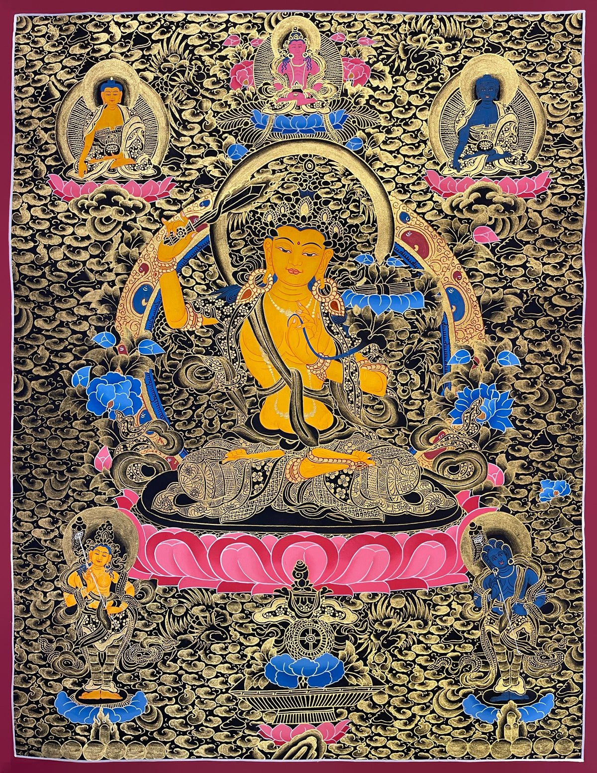 Manjushri thangka, 54×70 cm: Manjushri in black and gold with three figures above and two bodhisattvas below
