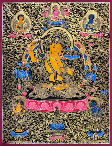 Manjushri thangka, 54×70 cm: Manjushri in black and gold with three figures above and two bodhisattvas below